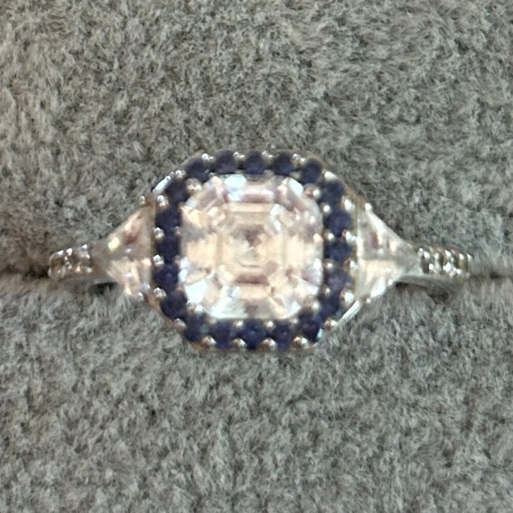 Diamonique Asscher Cut Ring with Color Halo, Platinum Clad Blue Size 10